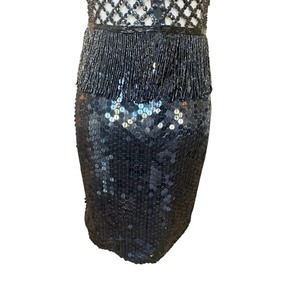 VTG Y2K Nite Way Sequin Prom Dress 8 Cut Out Fringe Mesh Mini Bodycon Cocktail - Picture 8 of 10